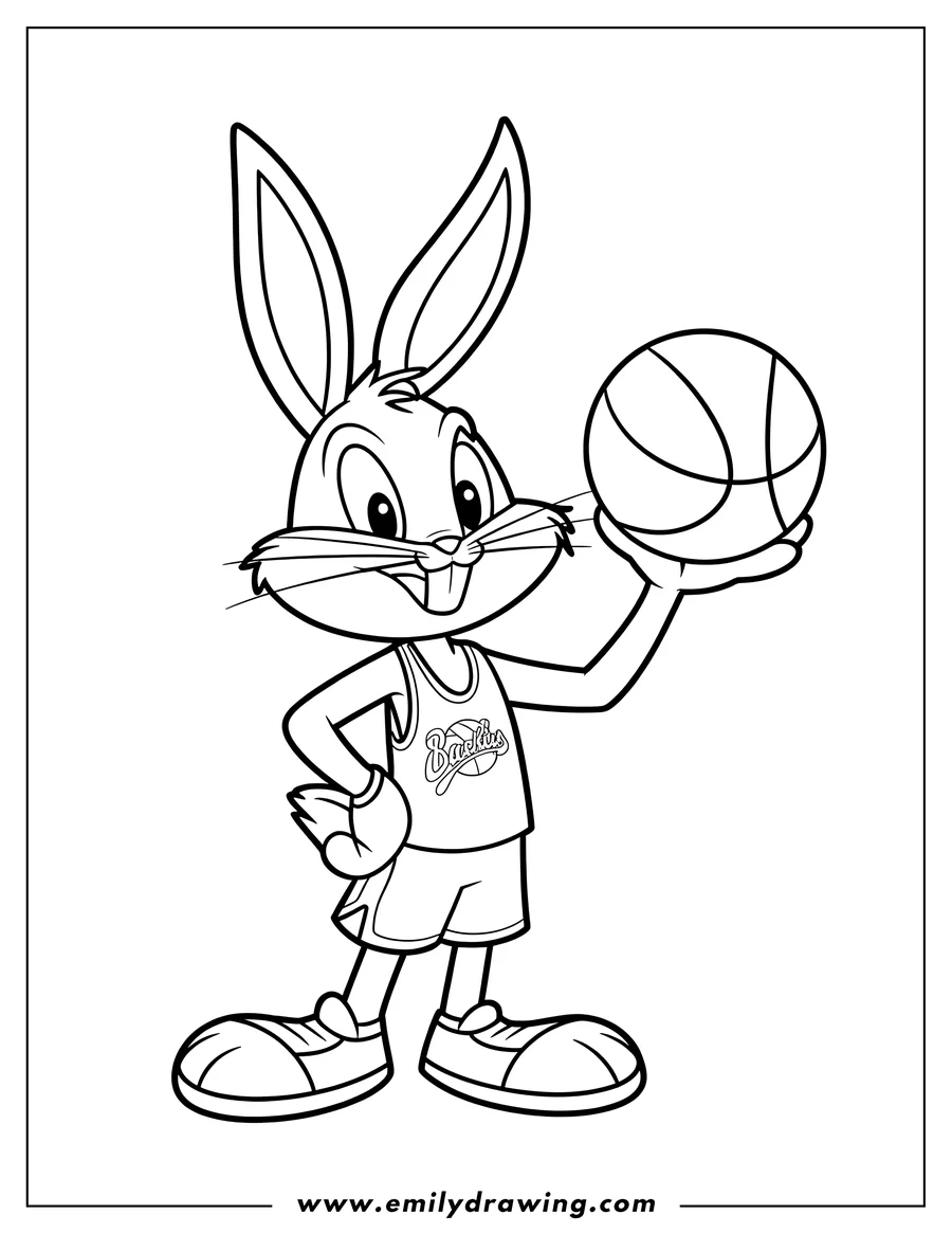 Line art of Bugs Bunny smiling, wearing a basketball uniform and holding a basketball in one hand.