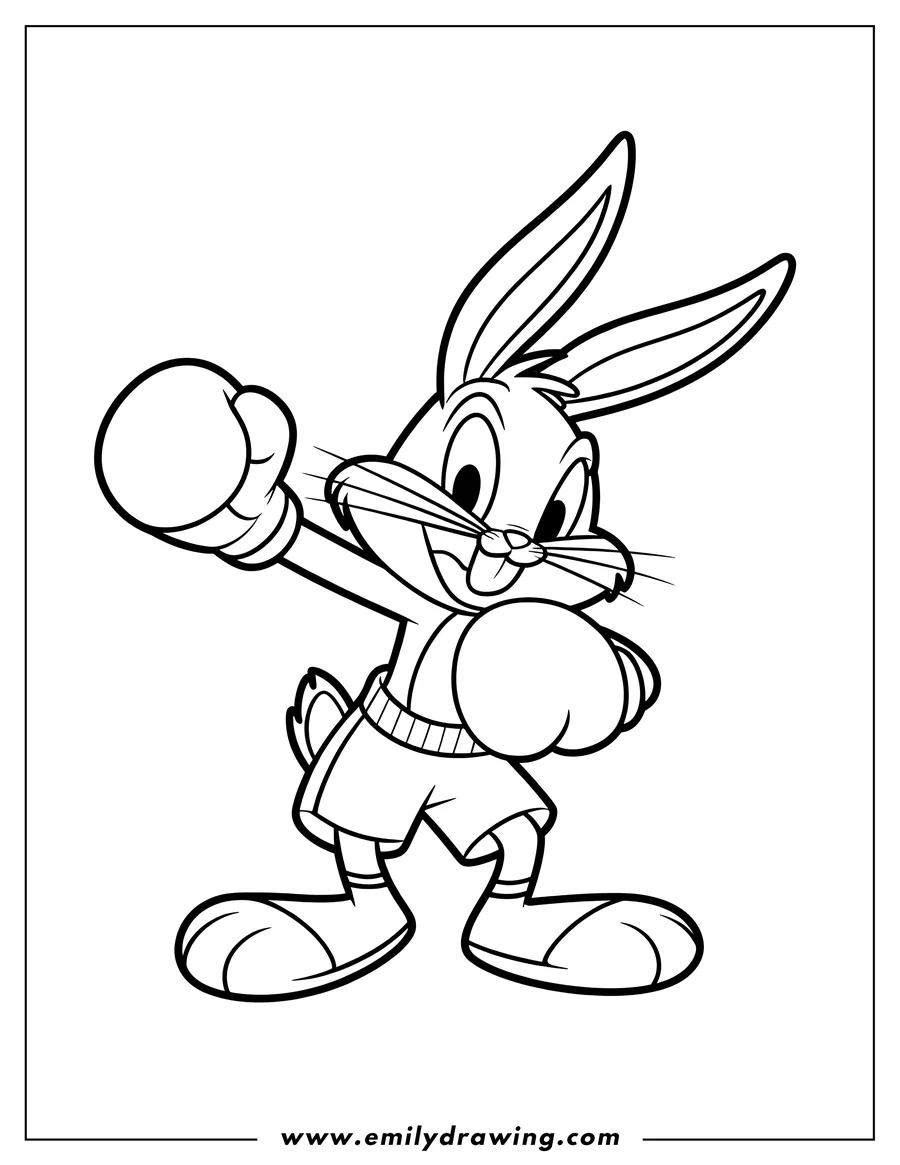 Line art of Bugs Bunny wearing boxing gloves and shorts, posing as if about to punch, with a mischievous smile.