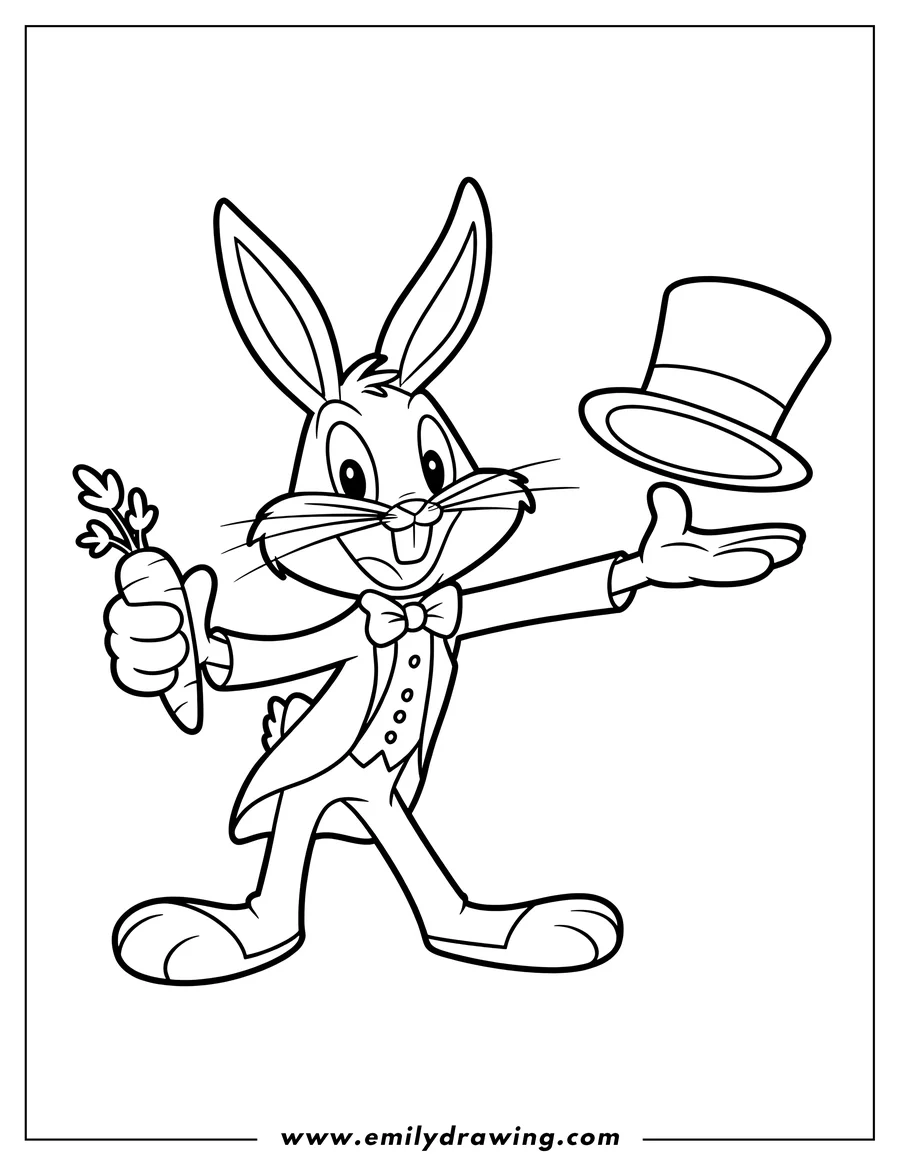 Line art of Bugs Bunny, a cartoon rabbit, wearing a tuxedo with a bow tie, holding a carrot in one hand and a top hat floating above his other open palm.
