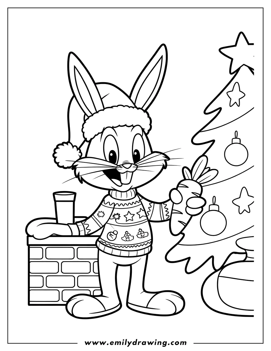 Outline of Bugs Bunny wearing a Santa hat and a Christmas sweater, holding a carrot near a decorated Christmas tree with a glass of milk on a brick chimney.