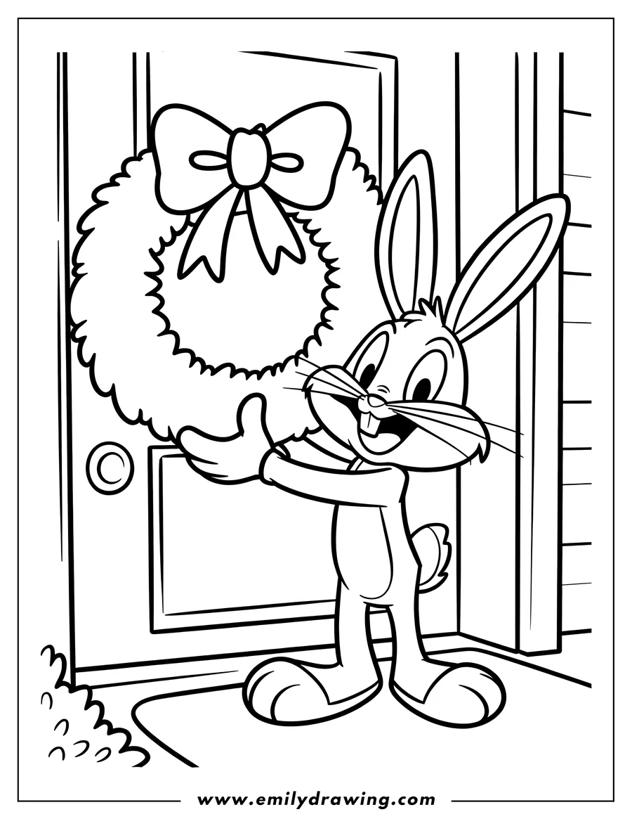 Line art of Bugs Bunny holding a large Christmas wreath with a bow, standing in front of a door.