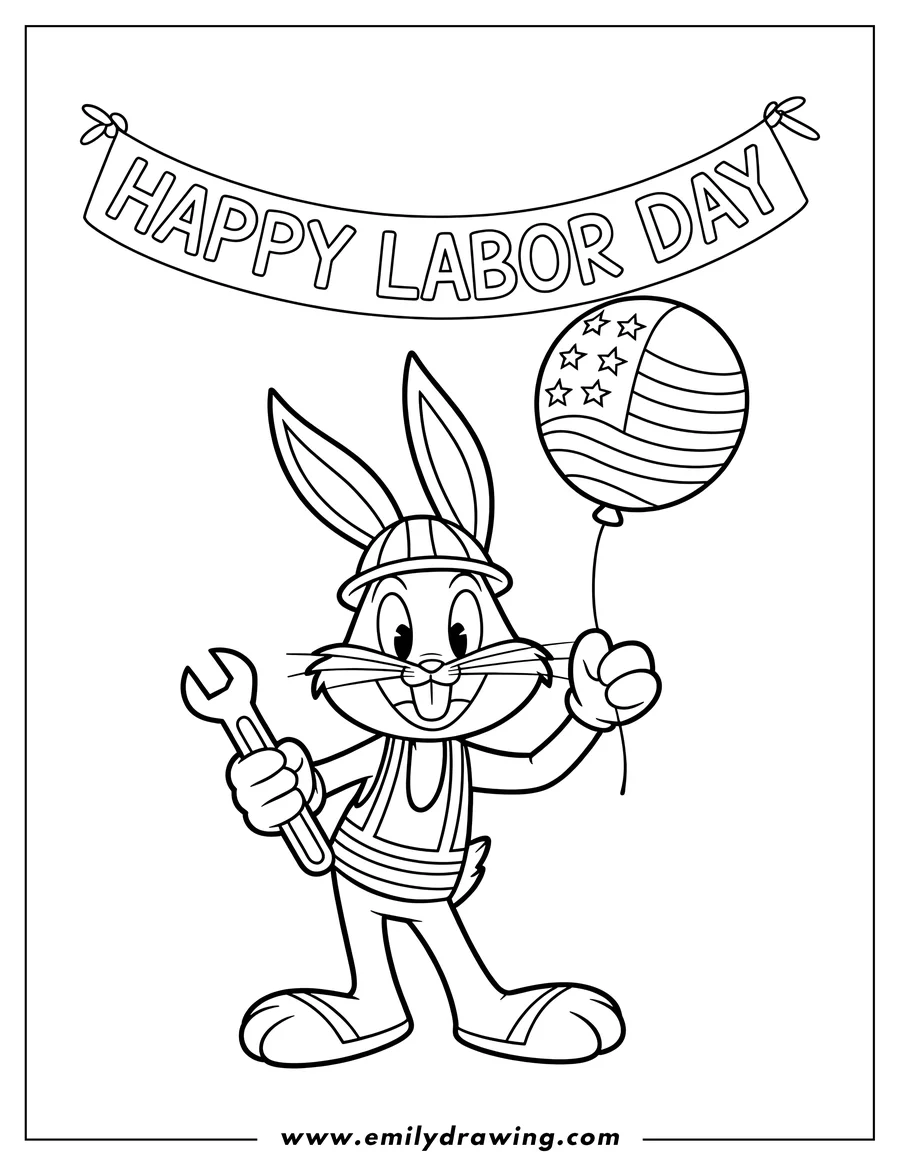Outline of Bugs Bunny wearing a construction hard hat and work vest, holding a wrench and an American flag balloon. A banner above reads 'Happy Labor Day'.