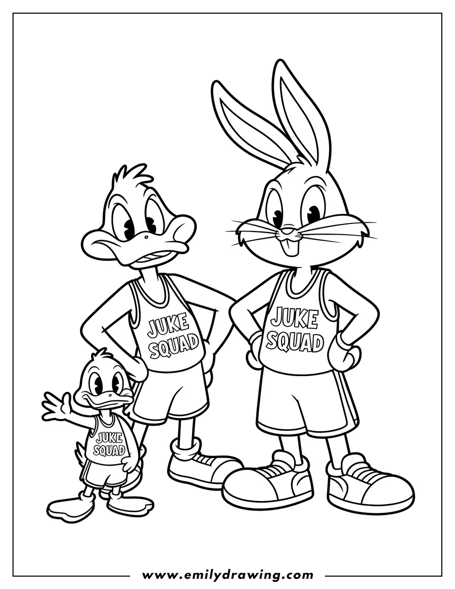 Outline of Bugs Bunny, Daffy Duck, and a small duckling, all wearing 'JUKE SQUAD' basketball uniforms and standing with hands on hips or waving.