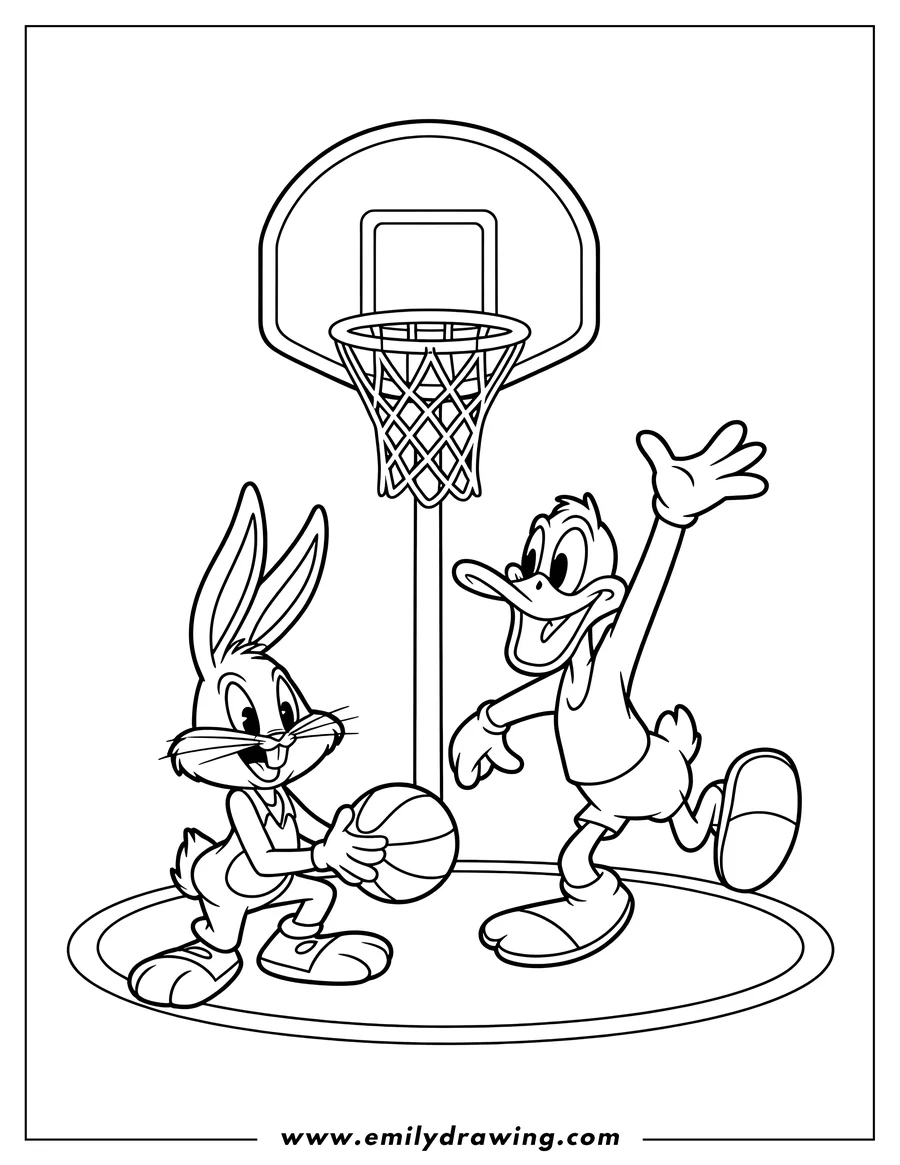 Line art of Bugs Bunny holding a basketball with Daffy Duck reaching up, standing on a basketball court with a hoop in the background.