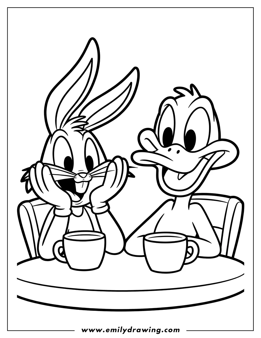 Line art of Bugs Bunny and Daffy Duck sitting at a table with mugs. Bugs Bunny has his hands on his chin, and Daffy Duck is smiling.