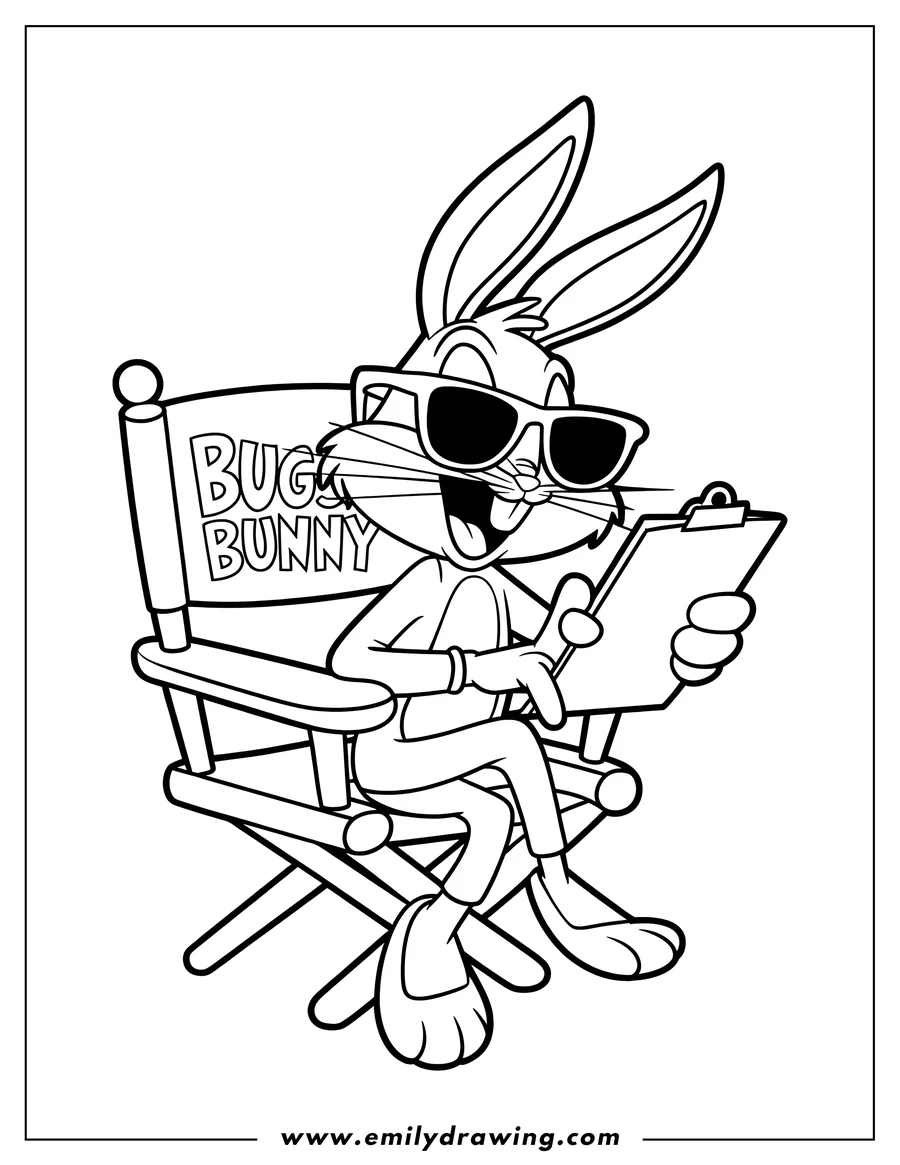 Line art of Bugs Bunny wearing sunglasses, sitting in a director's chair with 'Bugs Bunny' written on the back, holding a clipboard and laughing.
