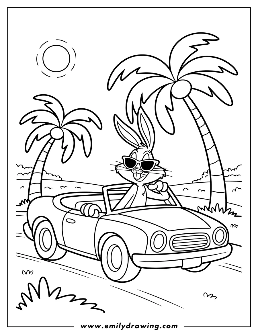 Line art of Bugs Bunny wearing sunglasses, driving a convertible car past two palm trees under a sunny sky