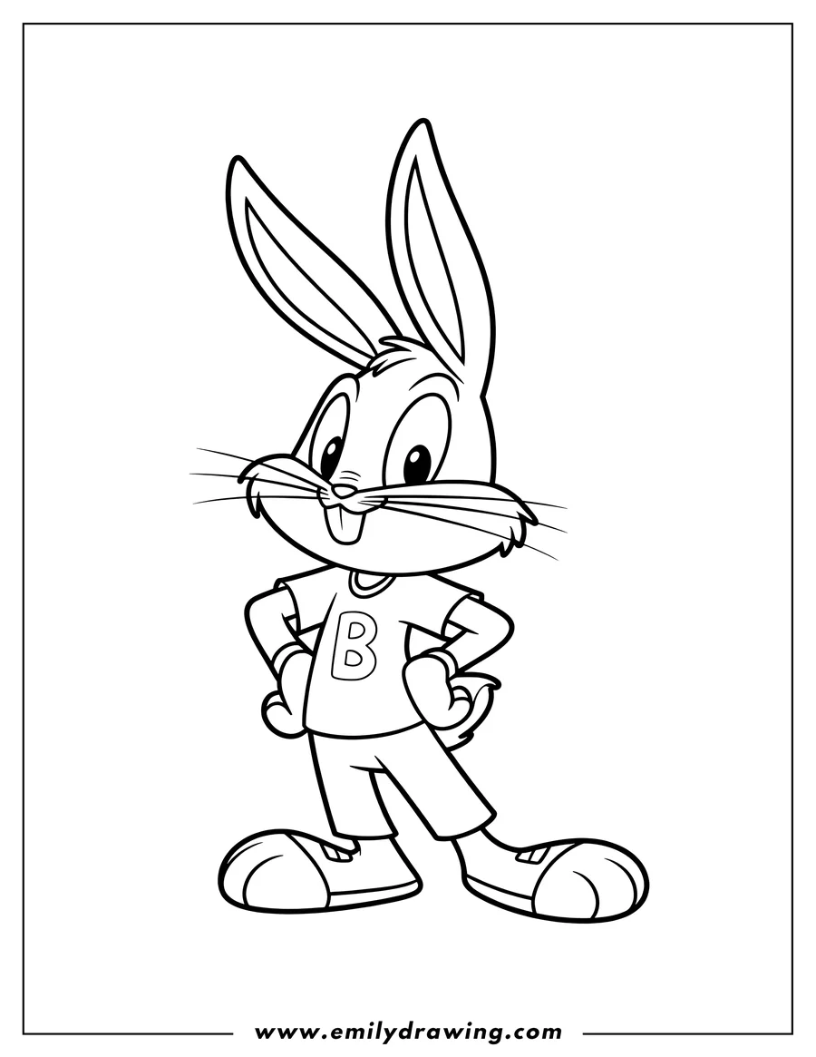 Line art of Bugs Bunny standing with hands on his hips, sticking his tongue out slightly, wearing a shirt with a large 'B' on it.