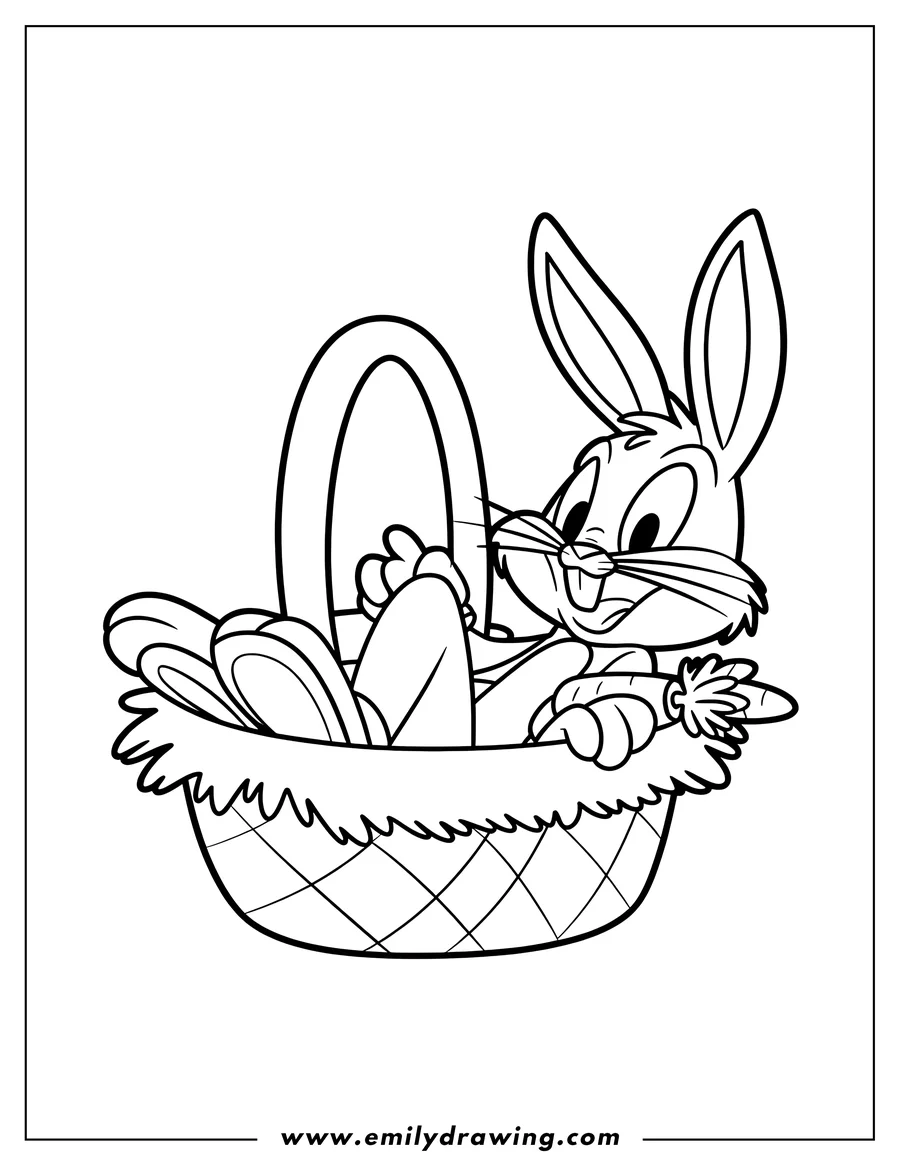 Line art of Bugs Bunny sitting in a woven basket, holding a carrot and smiling happily.