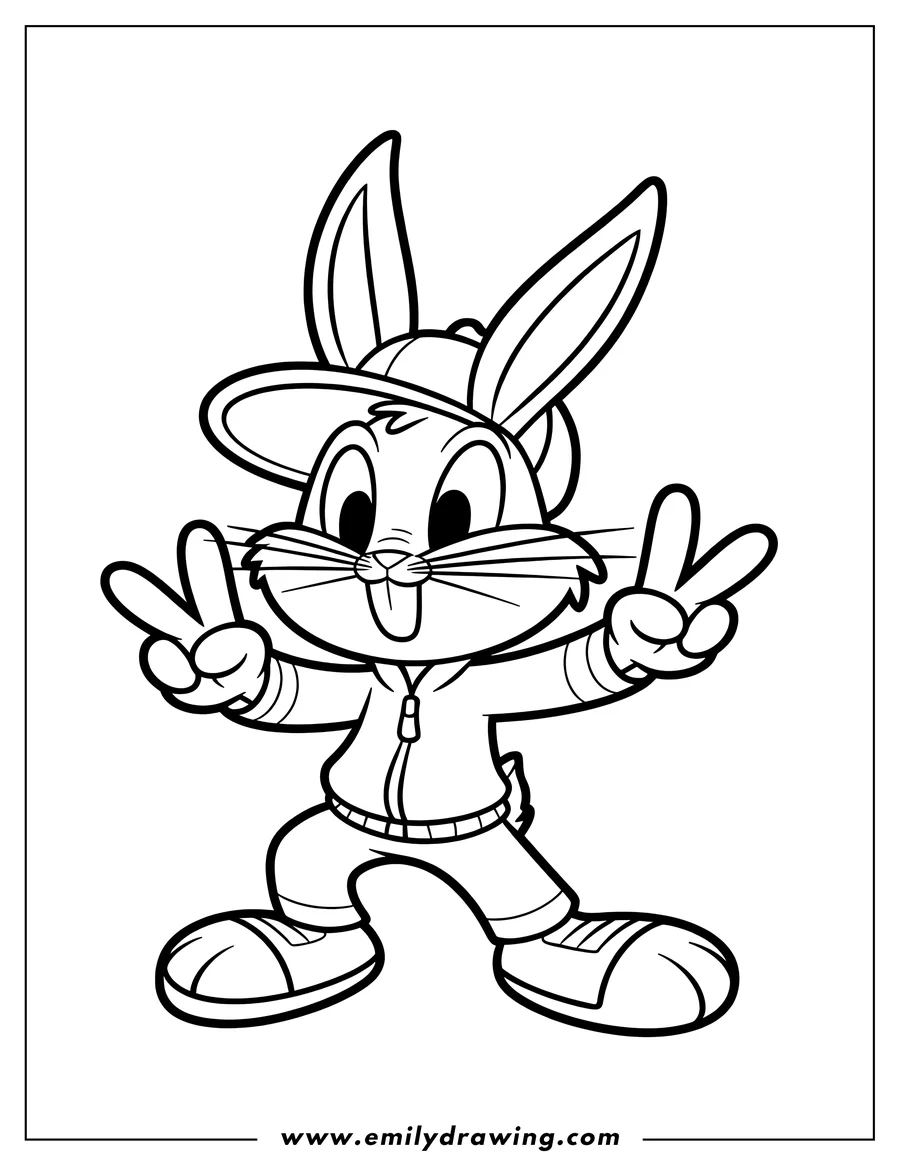 Outline of Bugs Bunny wearing a baseball cap, jacket, and shorts, with both hands raised making peace signs, tongue sticking out.