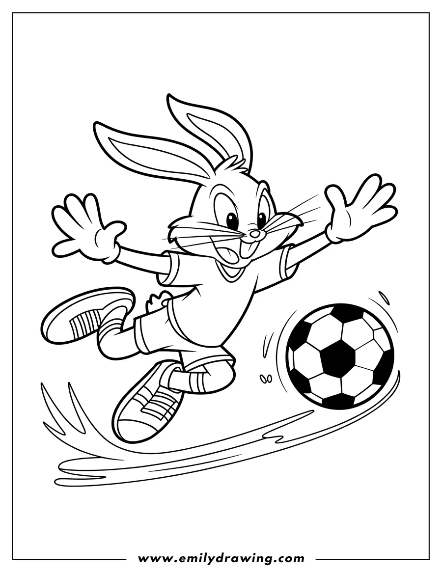 Line art of Bugs Bunny, wearing a soccer uniform, leaping and enthusiastically kicking a soccer ball
