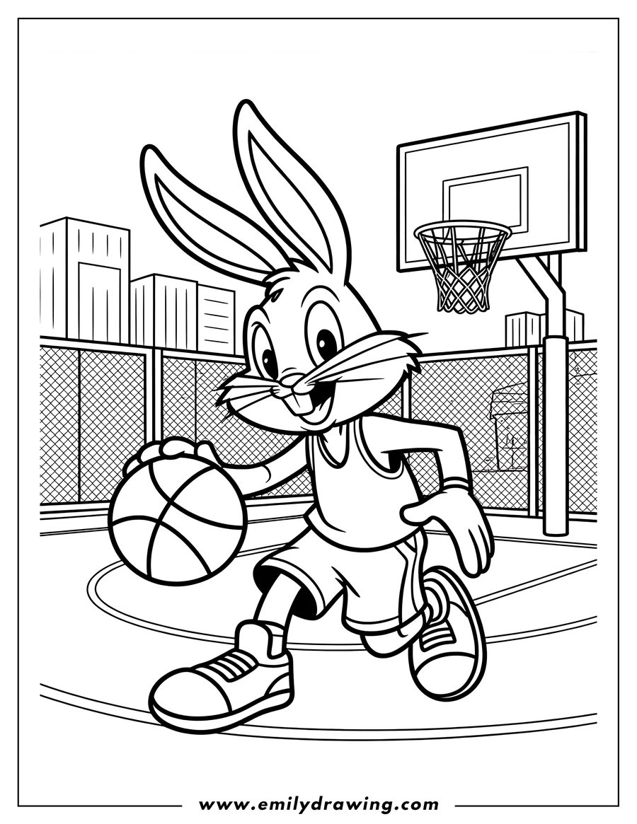 Outline of Bugs Bunny dribbling a basketball on a court with a hoop and city buildings in the background.
