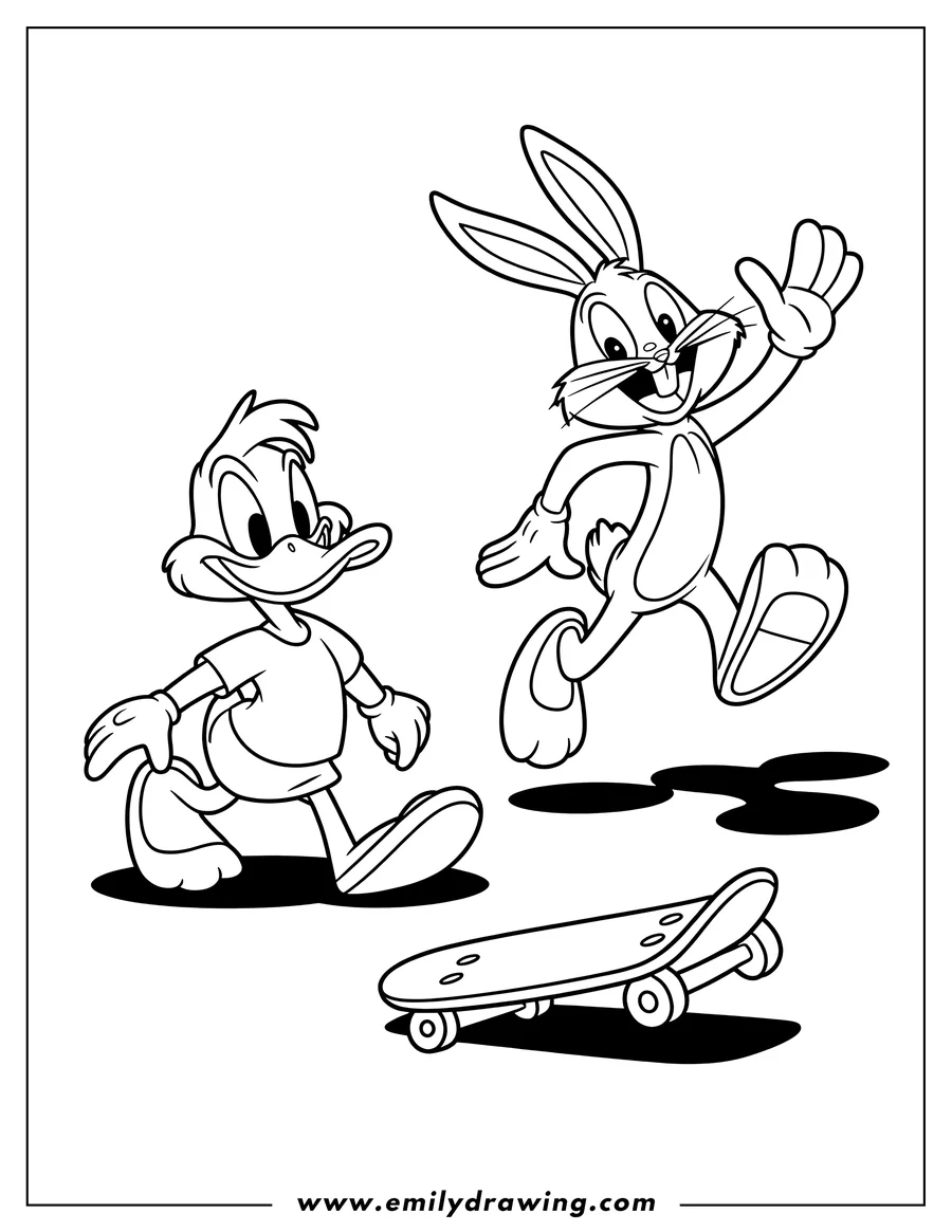 Line art of Bugs Bunny jumping and waving next to Plucky Duck standing, with a skateboard on the ground.