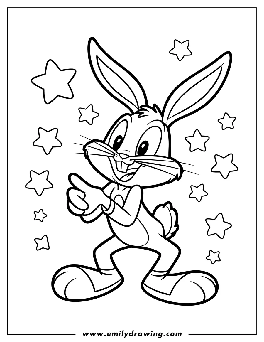 Line art of Bugs Bunny with a big grin, pointing his right hand, surrounded by cartoon stars.