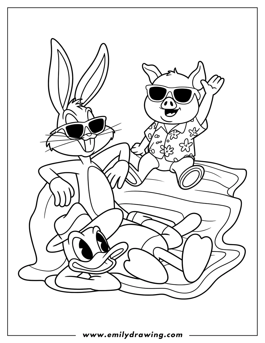 Line art of Bugs Bunny, Porky Pig, and Daffy Duck all wearing sunglasses, enjoying a relaxing time together. Bugs Bunny is smiling with his tongue out, Porky Pig is waving, and Daffy Duck is lying down.