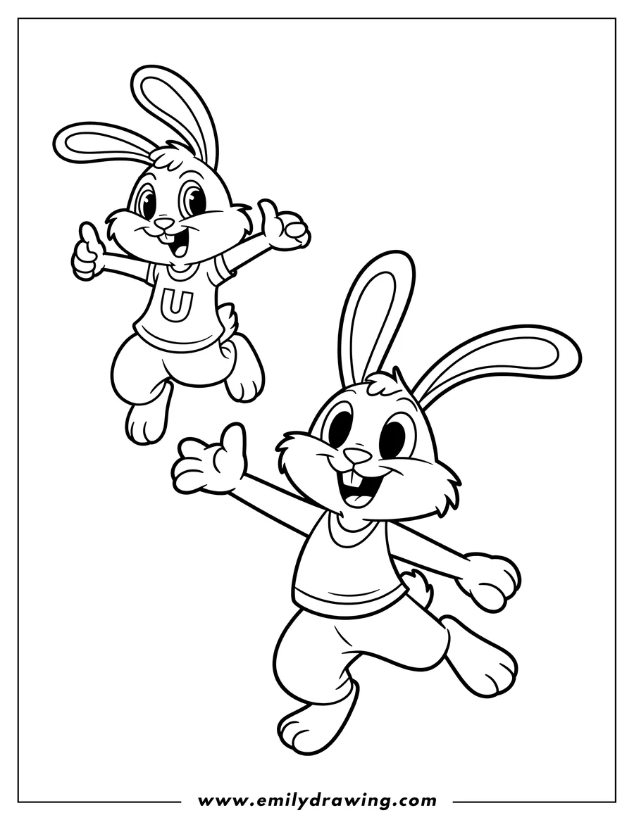 Line art of two cheerful Bugs Bunny-like characters. One is giving two thumbs up, wearing a shirt with a 'U' on it, and the other is waving with one arm extended.