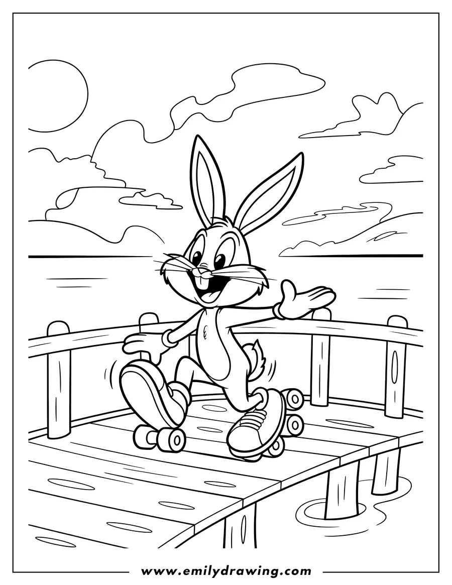 Outline of Bugs Bunny happily roller skating on a wooden pier over water, with a sun and clouds in the background.