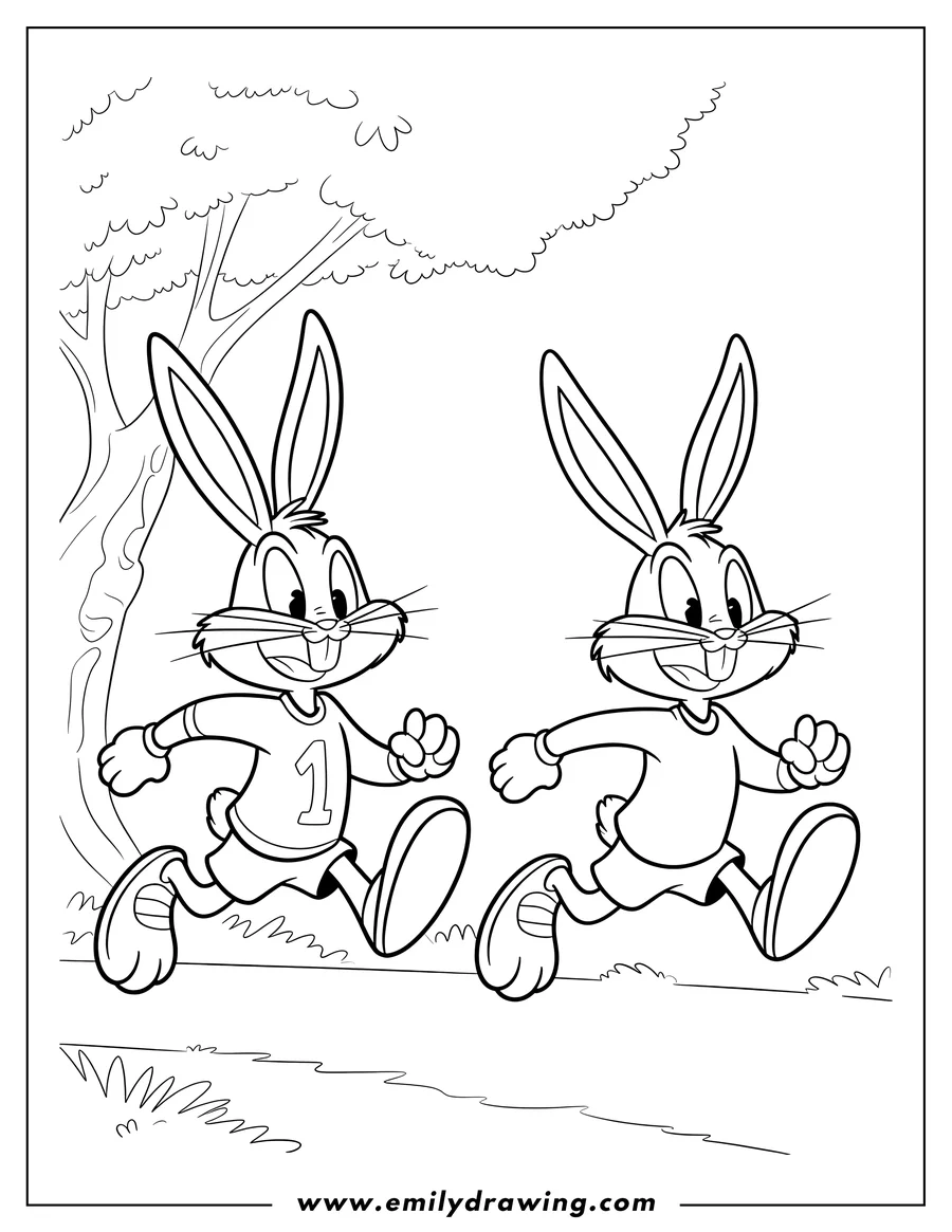Outline of two Bugs Bunnies running, one wearing a shirt with the number 1, in a grassy outdoor setting with a tree in the background.