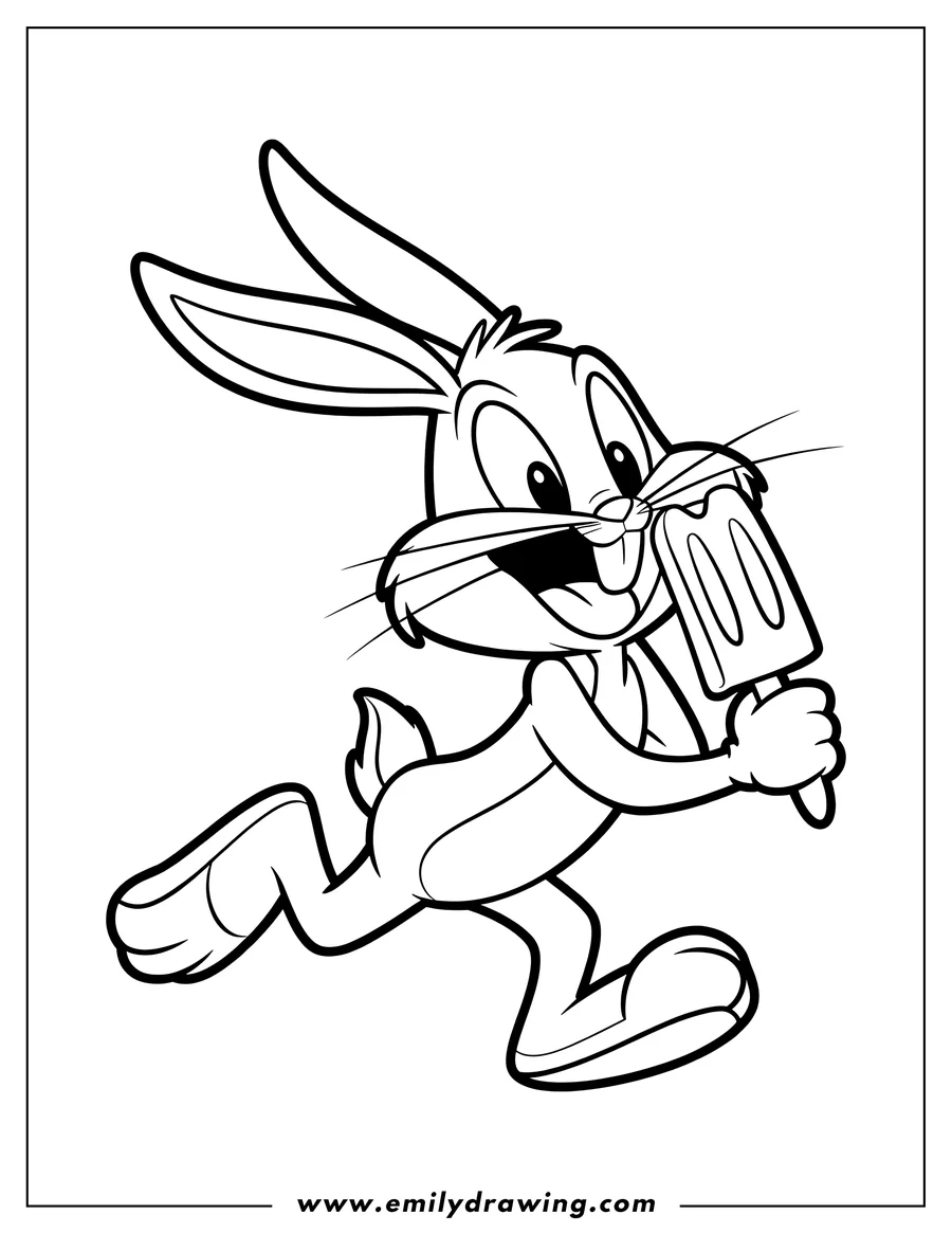 Outline of Bugs Bunny, a cartoon rabbit, happily running and holding a popsicle in his hand, about to take a bite.