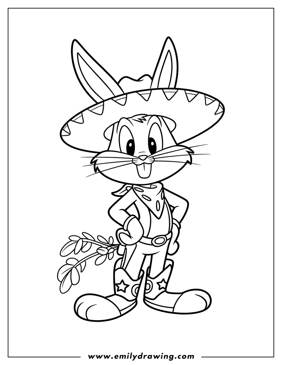 Line art of Bugs Bunny wearing a large sombrero hat and cowboy boots, holding a bunch of carrots, with his tongue sticking out playfully.