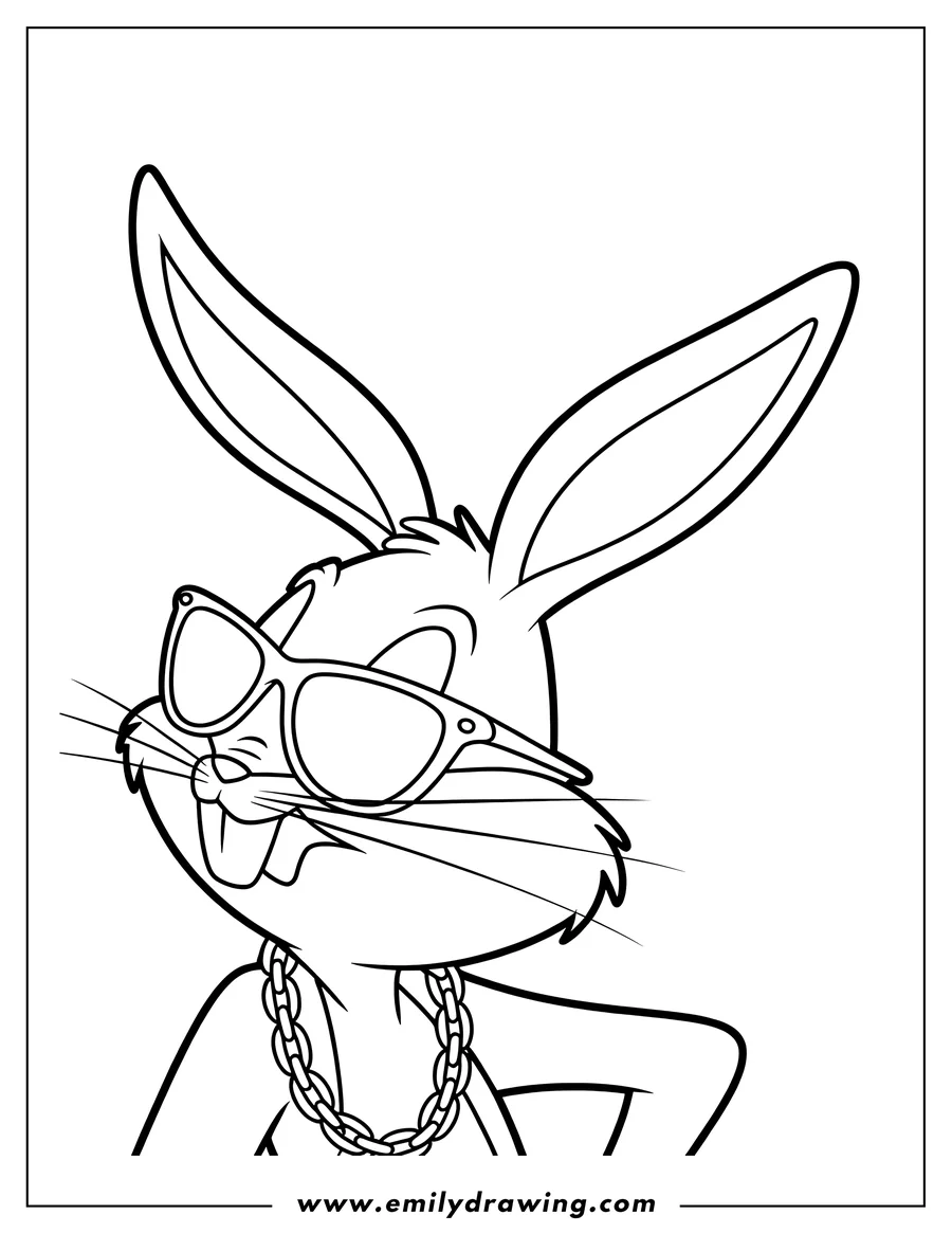 Line art of Bugs Bunny wearing sunglasses and a large chain necklace, with a playful expression.