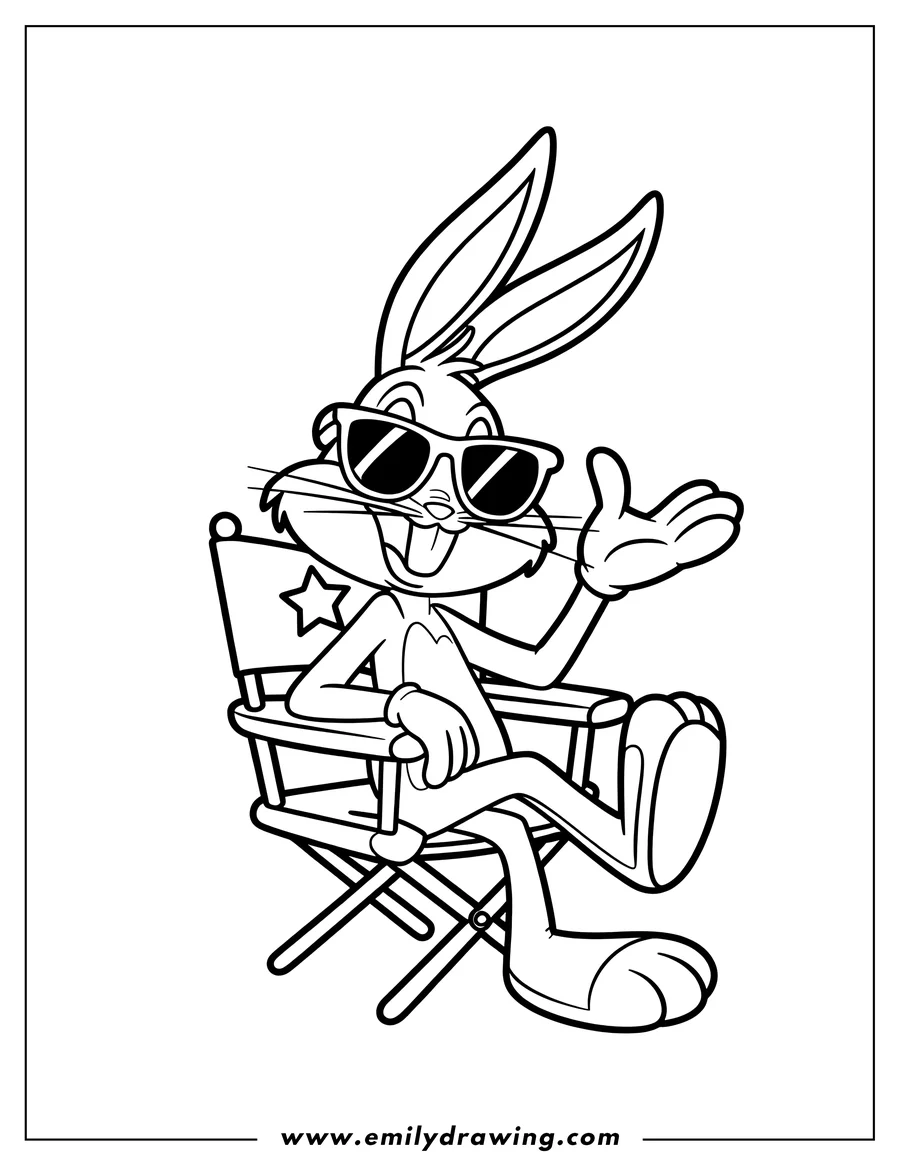 Line art of Bugs Bunny sitting in a chair, wearing sunglasses and waving hello with one hand.
