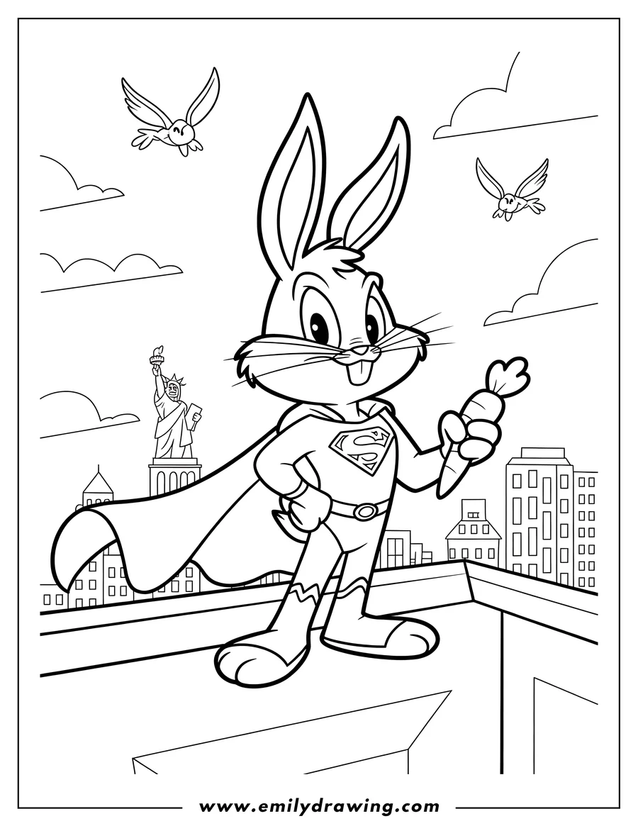 Line art of Bugs Bunny dressed as Superman, standing on a rooftop holding a carrot, with the Statue of Liberty and other buildings in the background and two small birds flying in the sky.