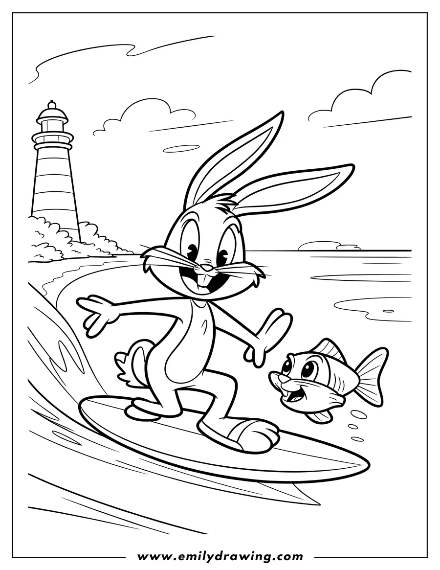 Line art of Bugs Bunny surfing on a surfboard next to a friendly fish, with a lighthouse in the background