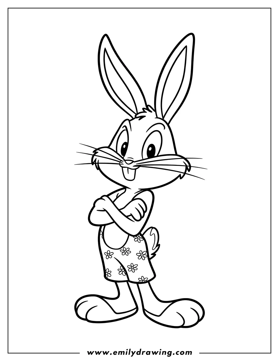 Line art of Bugs Bunny standing with arms crossed, wearing swim trunks with flower patterns, and sticking his tongue out.