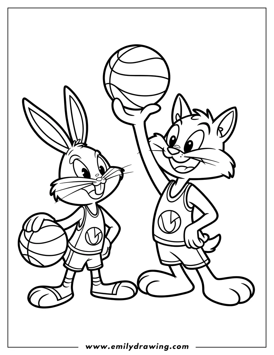 Line art of Bugs Bunny and Sylvester the Cat playing basketball. Bugs Bunny holds a basketball at his hip, smiling, while Sylvester raises another basketball high above his head, also smiling.