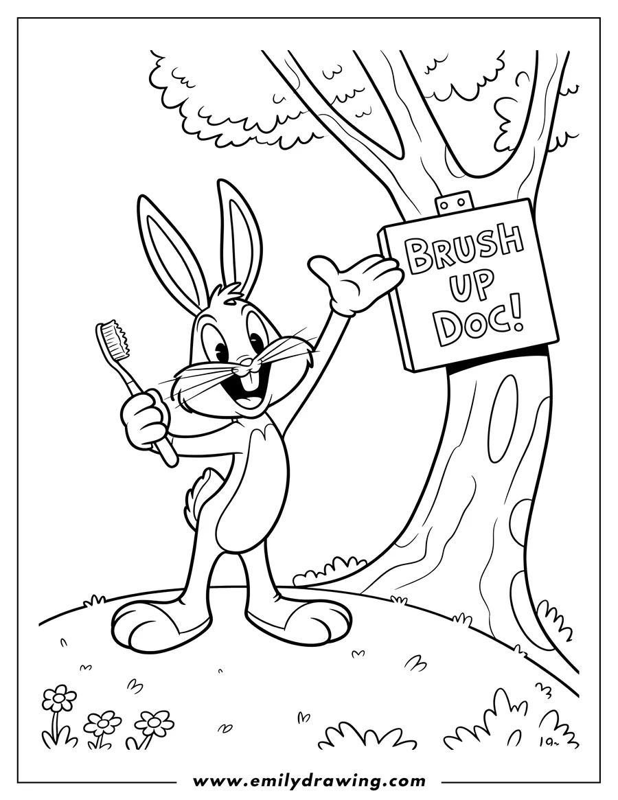 Line art of Bugs Bunny holding a toothbrush, standing next to a tree with a 'Brush Up Doc!' sign on it
