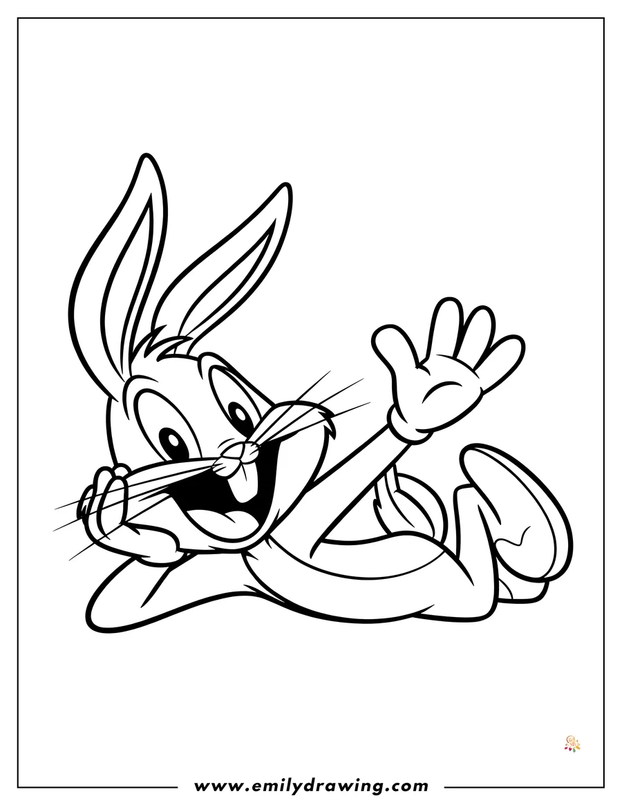 Line art of Bugs Bunny lying on his side, smiling widely and waving one hand in the air.