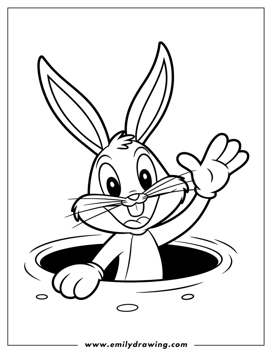 Line art of Bugs Bunny waving with one hand while emerging from a round hole in the ground, showing his head, shoulders, and one arm.
