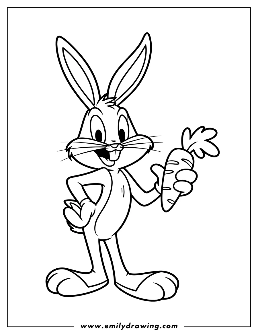Outline of Bugs Bunny standing with a carrot in his left hand, right hand on his hip, and a big grin on his face.