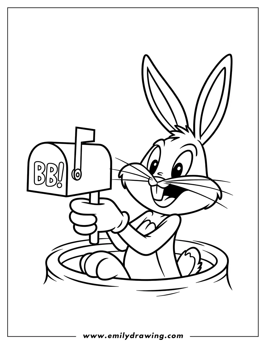 Bugs Bunny emerging from a hole, holding a small mailbox with 'BB!' on its side