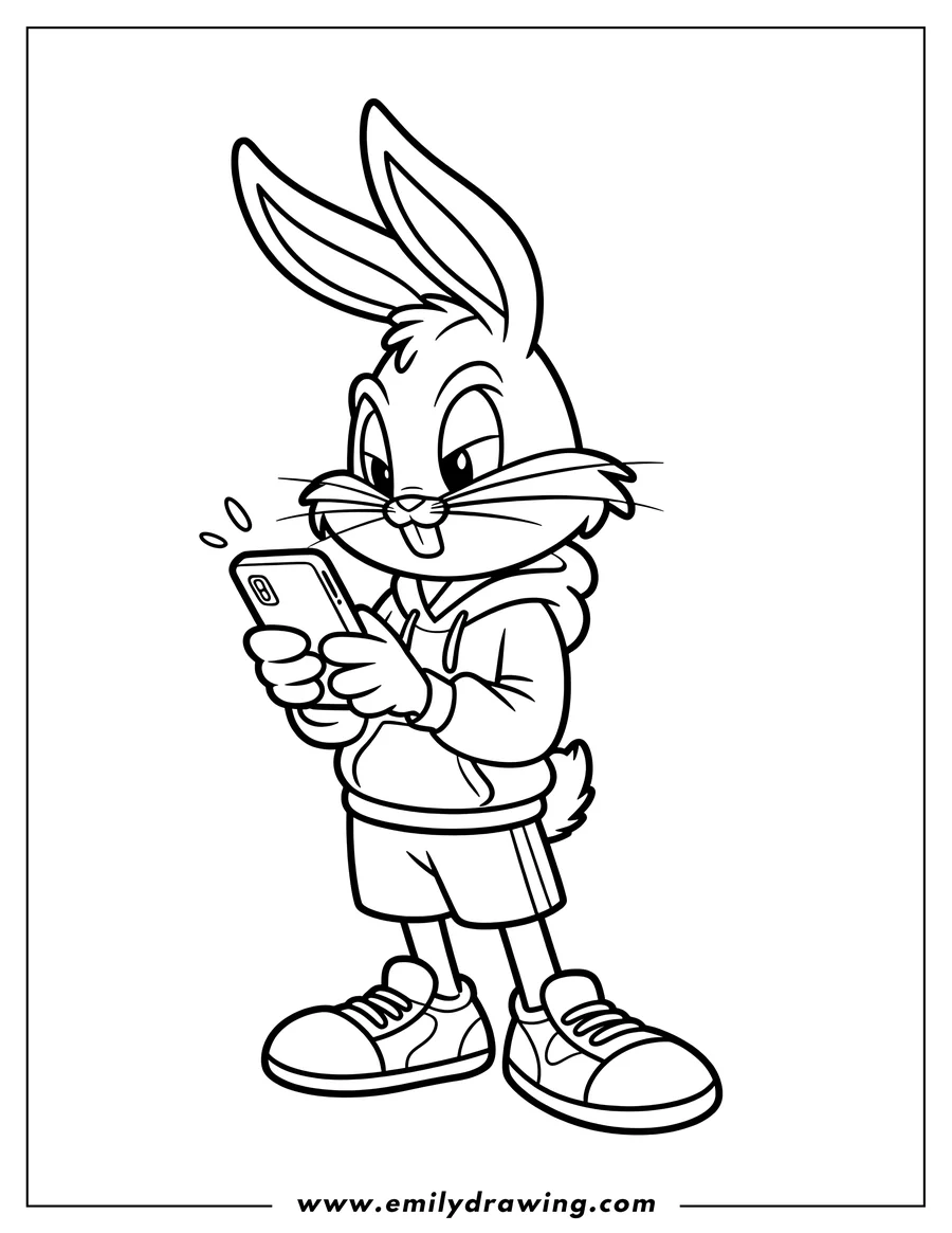 Outline of Bugs Bunny wearing a hoodie and shorts, holding and looking at a smartphone