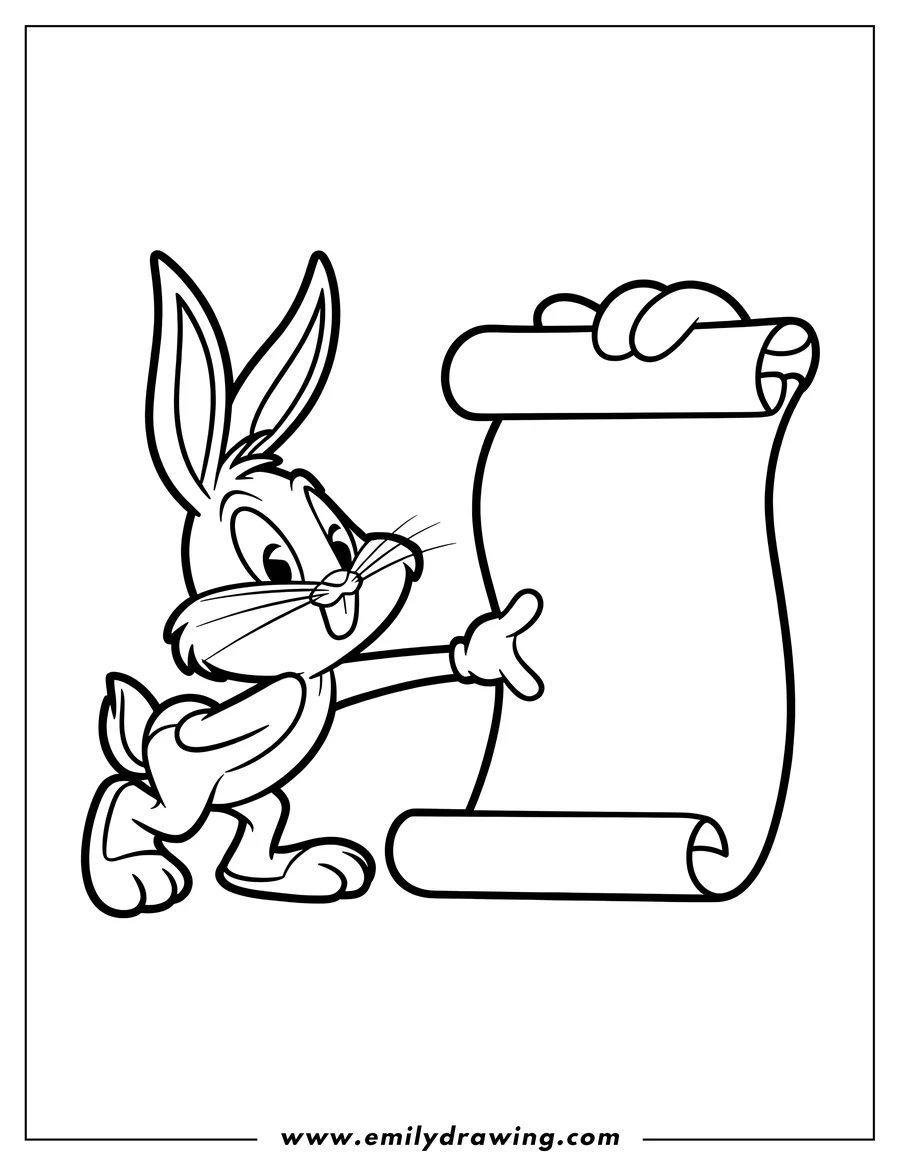 Line art of Bugs Bunny holding and presenting a large blank scroll with a happy expression.
