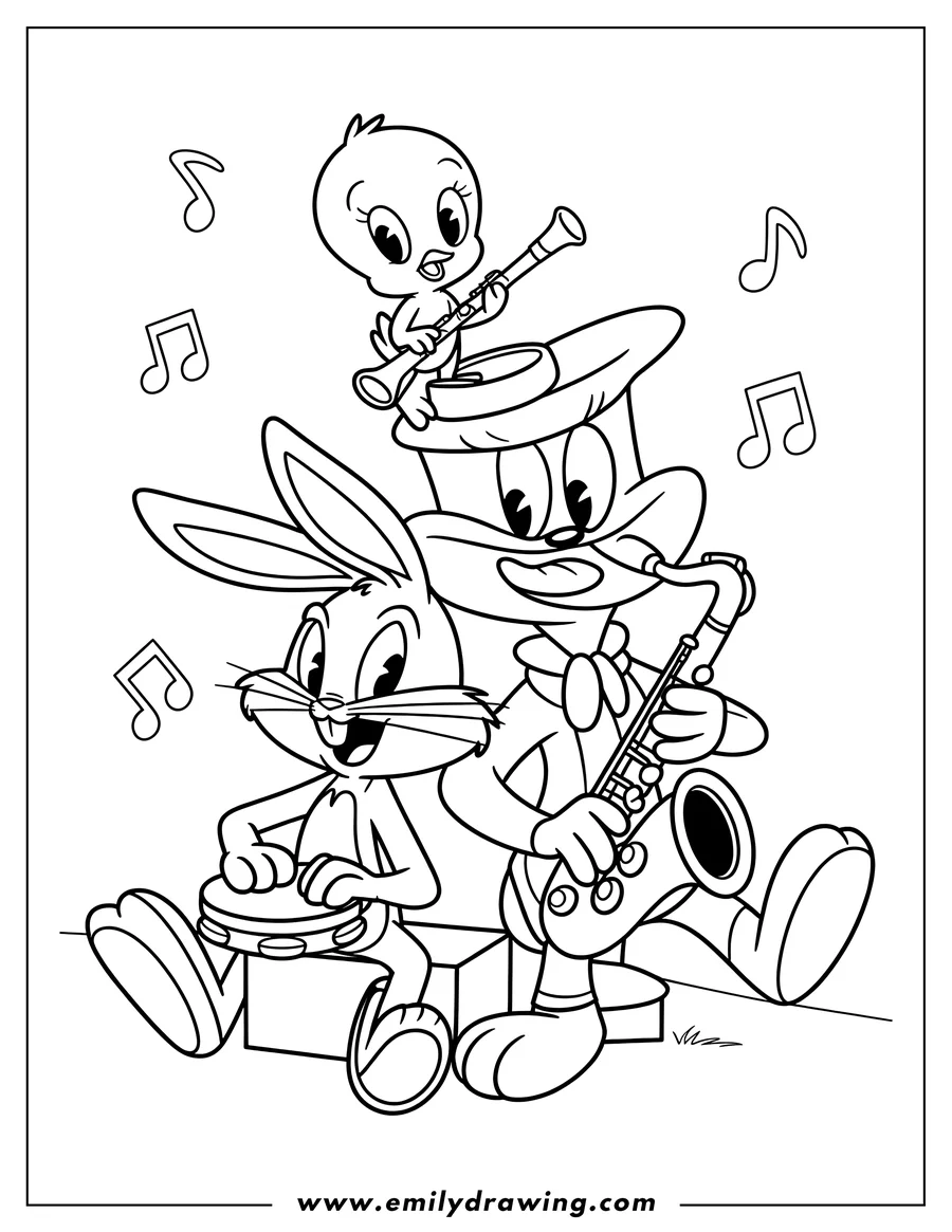 Line art of Bugs Bunny playing a tambourine, Yosemite Sam playing a saxophone, and Tweety Bird playing a clarinet, with music notes floating around them.