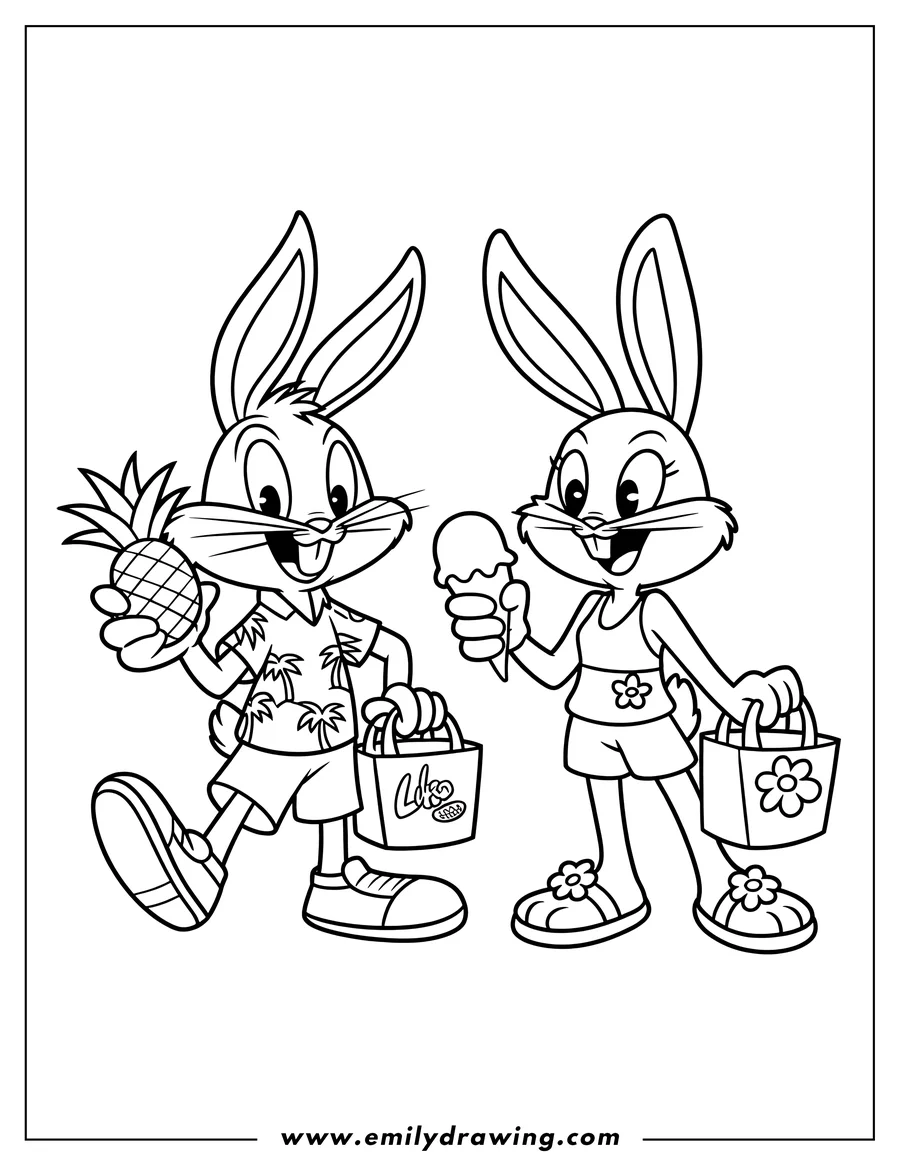 Outline of Bugs Bunny holding a pineapple and a shopping bag, next to Lola Bunny holding an ice cream cone and a shopping bag, both smiling cheerfully.