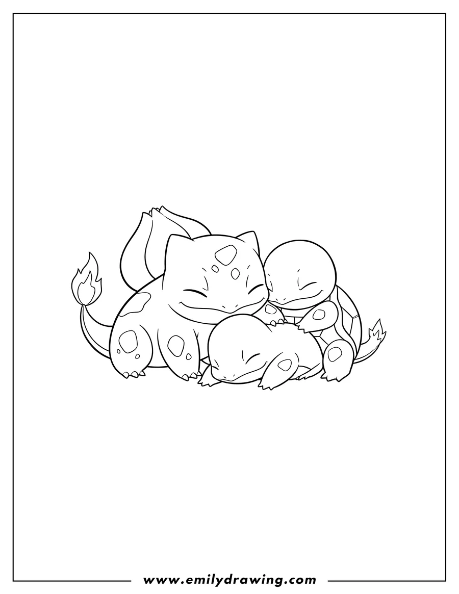 PDF style coloring page: bulbasaur, Charmander, and Squirtle snuggling together