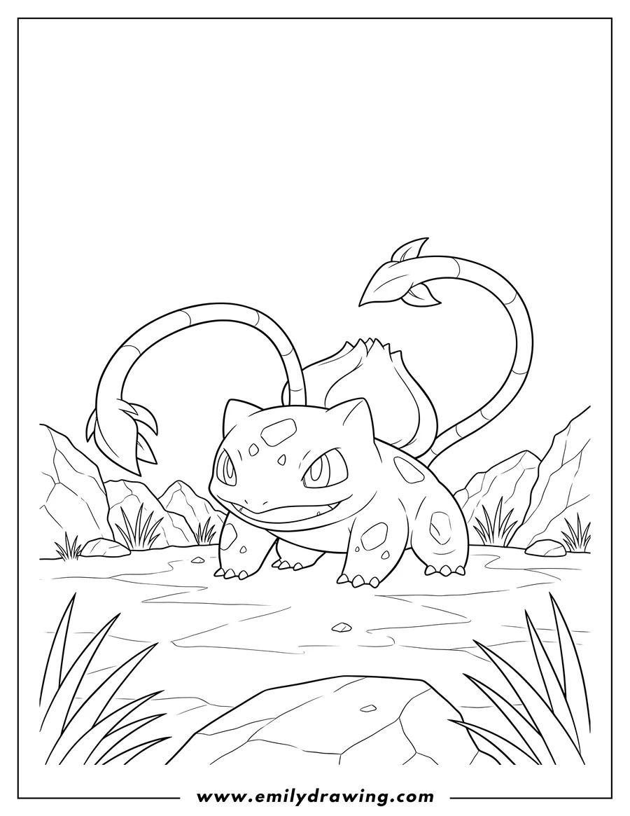 Clean line drawing: bulbasaur in battle stance with extended vines