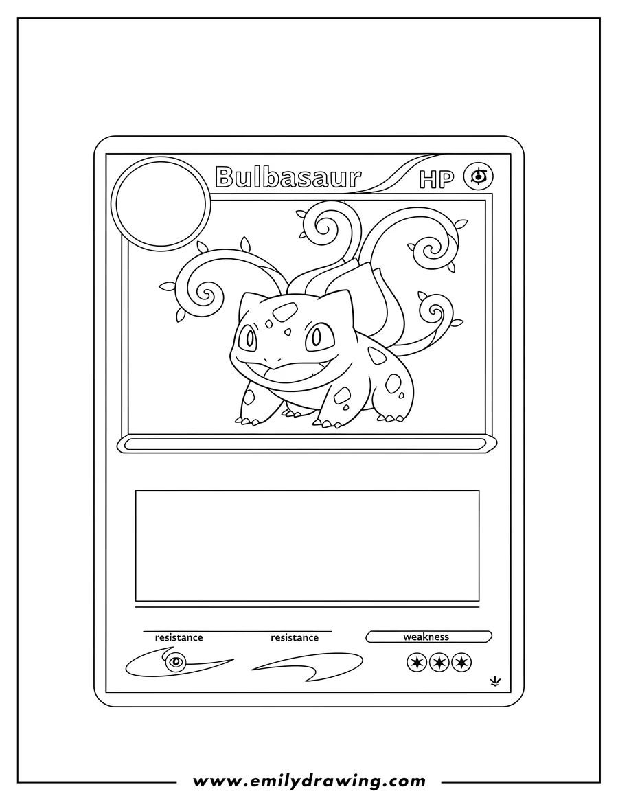 Coloring page of bulbasaur Pokemon Card, featuring a happy Bulbasaur with vines emerging from its back