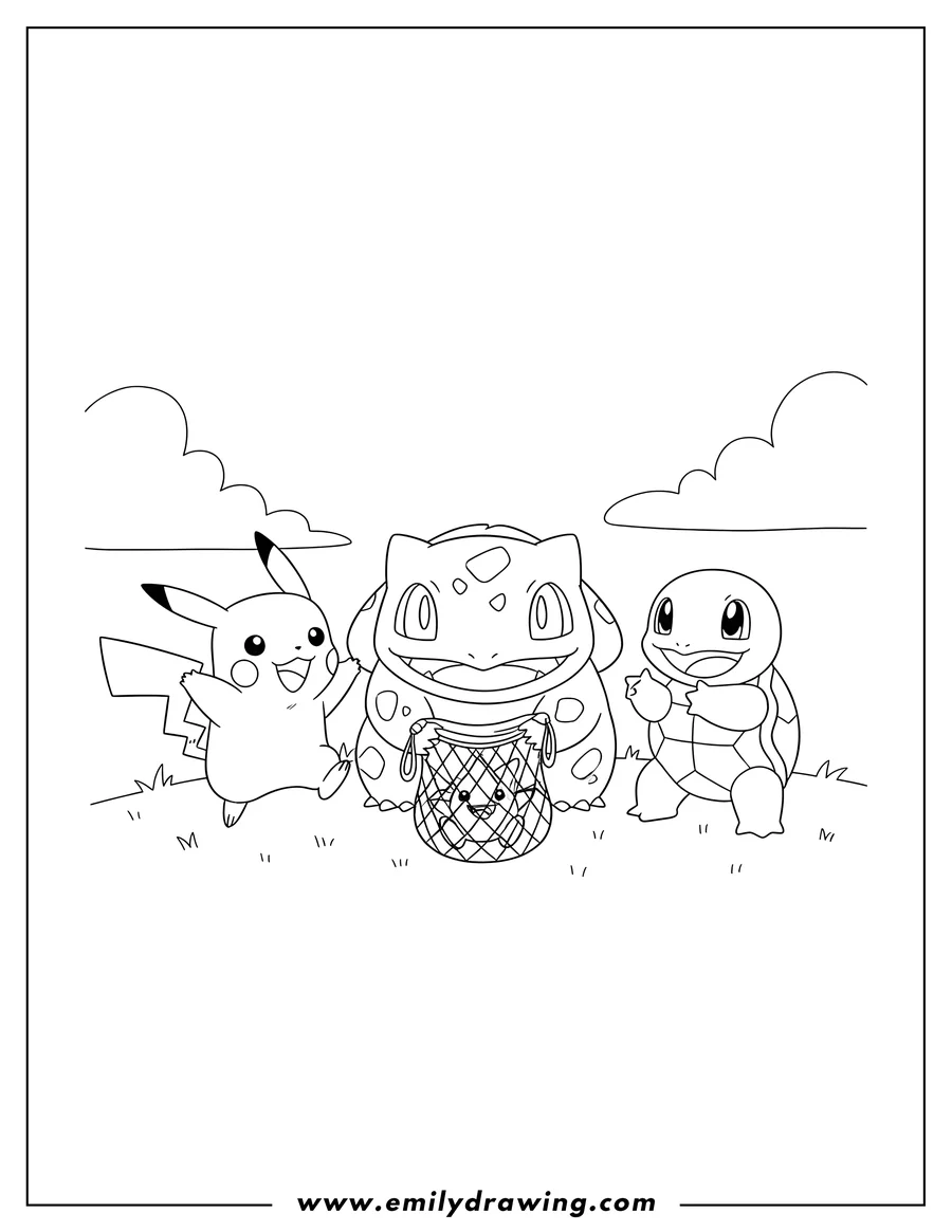 Printable coloring page of bulbasaur showing Togepi in a hanging net to smiling Pikachu and Squirtle