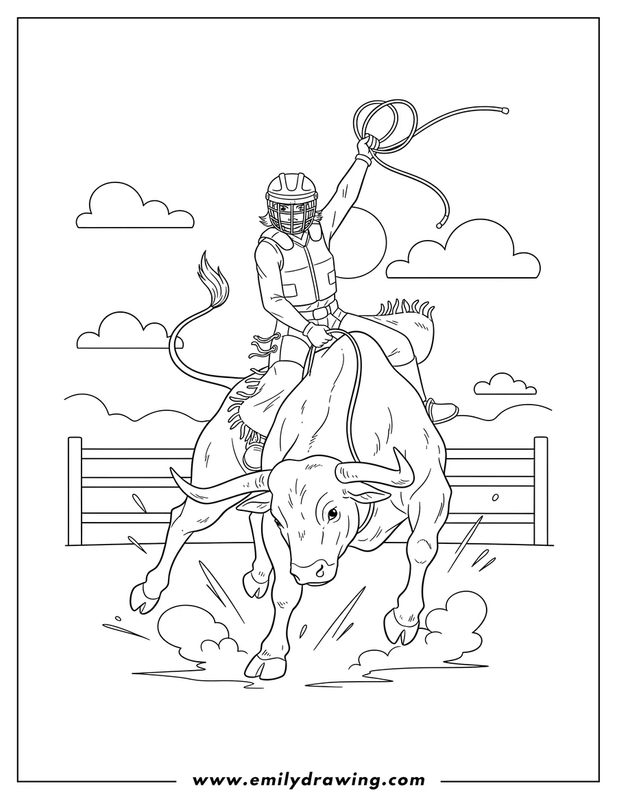Downloadable coloring page of A bull rider in a helmet and vest on a bucking bull with one arm raised