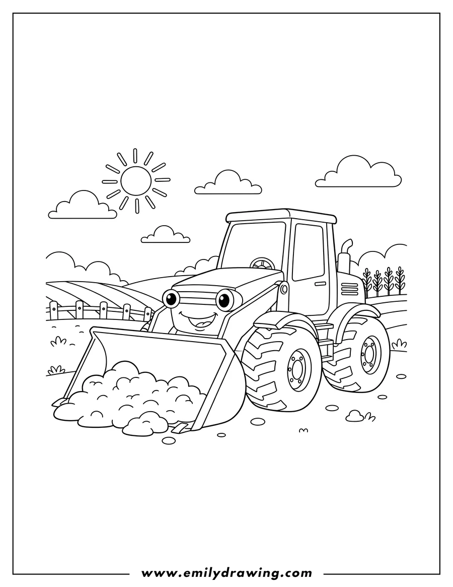 PDF style coloring page: bulldozer truck with a front bucket working in farmland