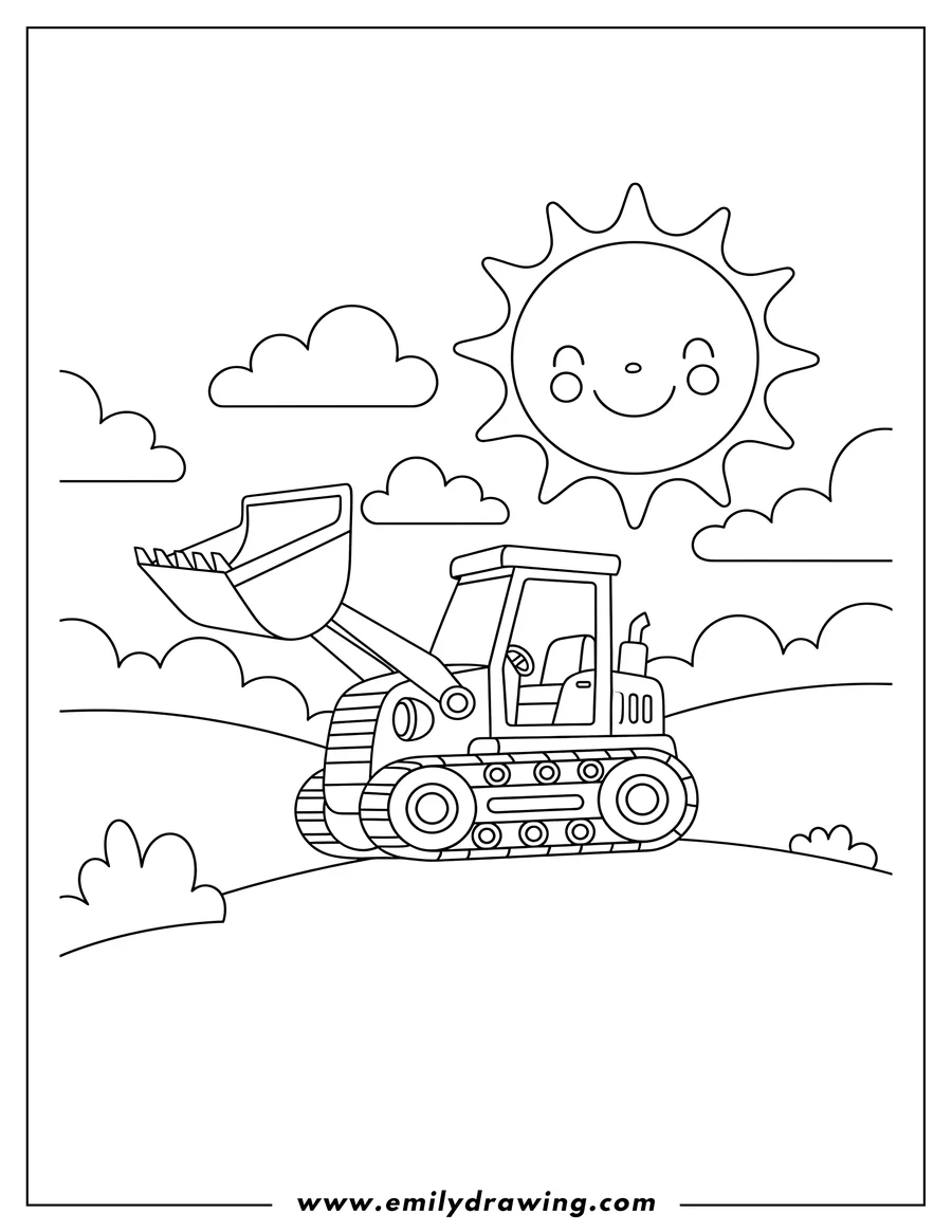 Simple sketch of bulldozer with a large front scoop on rolling hills with a big sun and clouds, for preschoolers coloring page to color