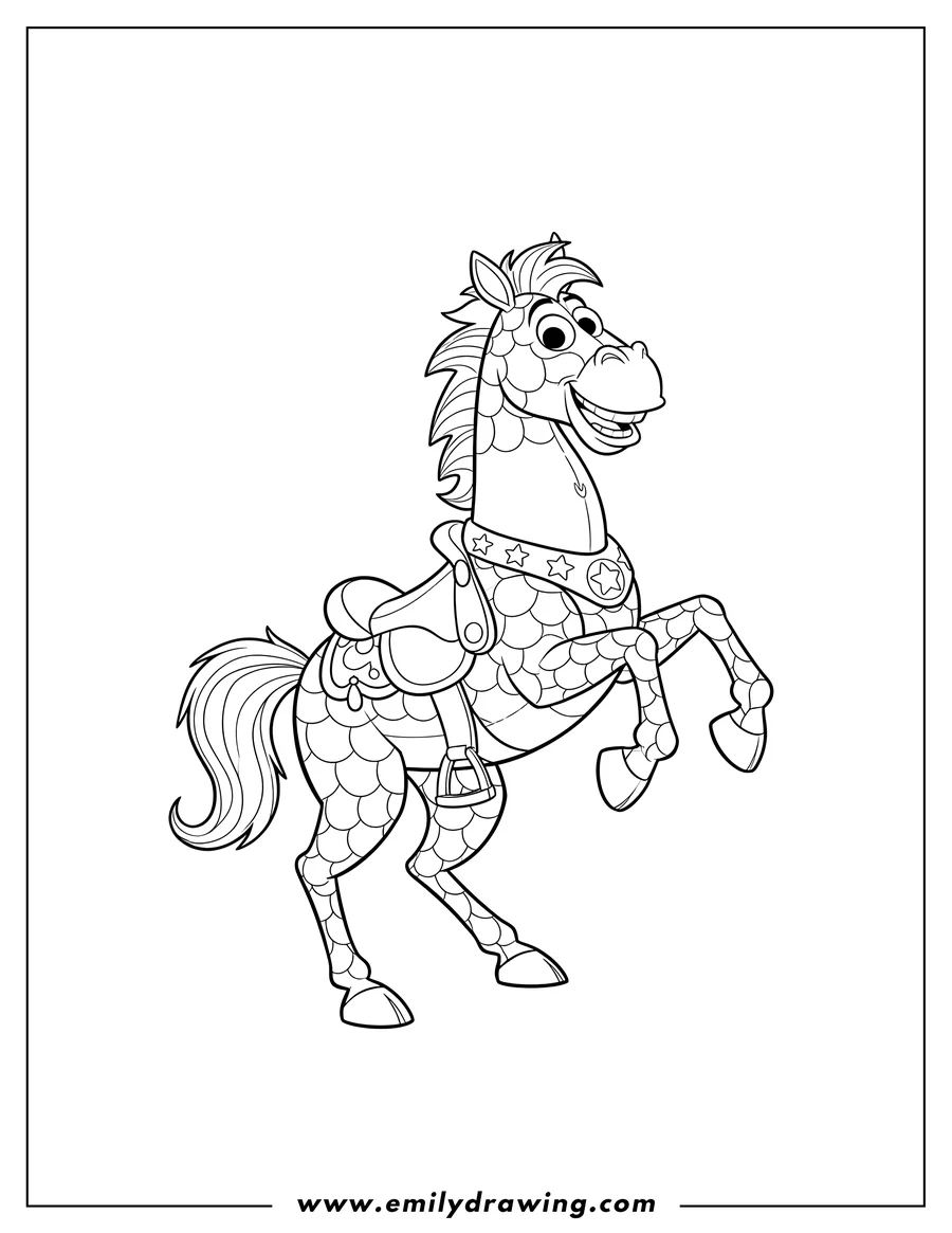 Printable coloring page of bullseye Horse Scaled, rearing up, smiling, and wearing a saddle