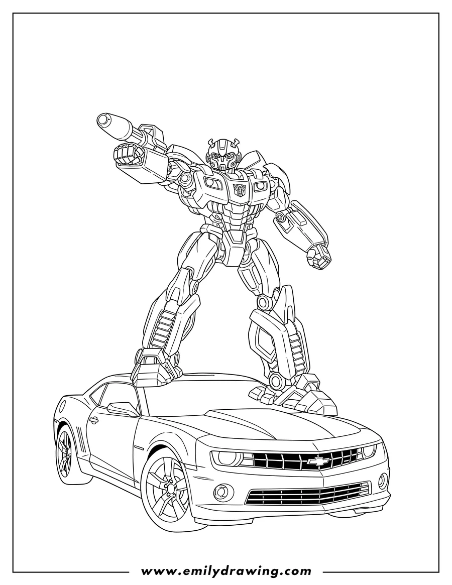 High quality printable bumblebee Transformer robot standing on a Chevrolet Camaro car for coloring