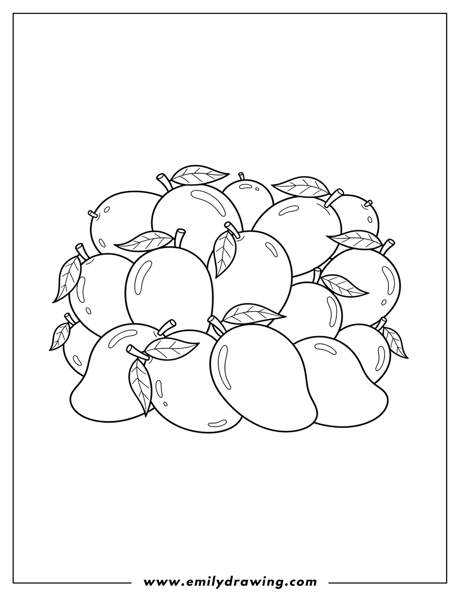 Coloring sheet featuring bunch Mangos Scaled, overlapping and filling the frame