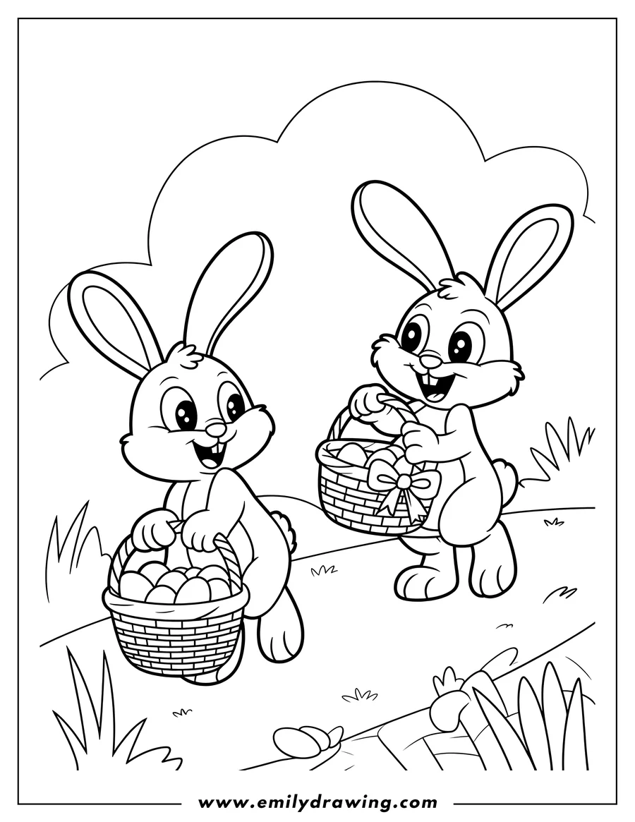 Outline of two happy cartoon bunnies holding baskets filled with Easter eggs in a grassy outdoor scene.